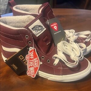 NWT, Vans Burgundy and White High-Top Off The Wall High Top Sneakers, Size 7